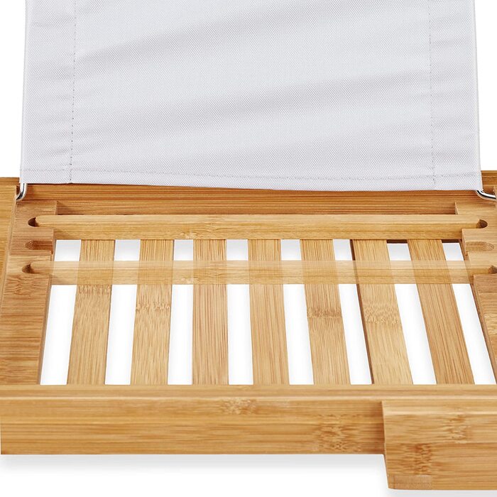 Relaxdays XL Badewannenablage, mit Buchstütze & für Tablet, Luxus Badewannenbrett, Bambus, ausziehbar 70-105 cm, Natur, 1 Stü