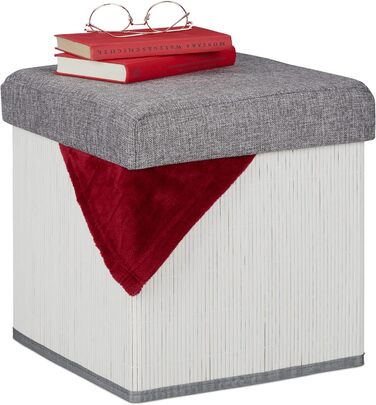 Relaxdays faltbarer Sitzhocker mit Stauraum, gepolstert, Bambus, Stoff, 36x35x35 cm, Weiß/Grau