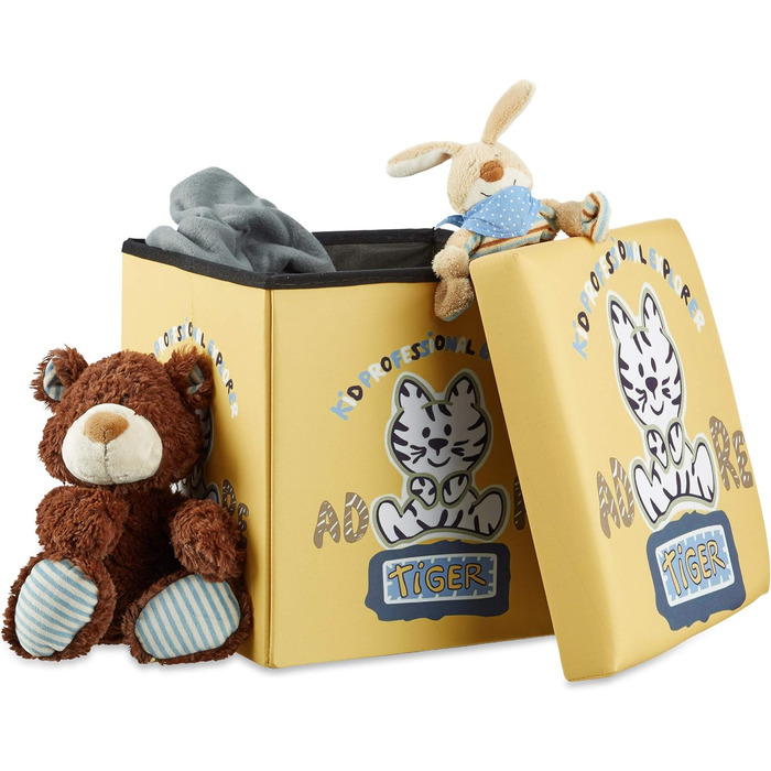 Relaxdays Sitzhocker für Kinder, faltbar, mit Stauraum, Aufbewahrungsbox mit Deckel, HxBxT 38 x 38 x 38 cm, (Tiger)