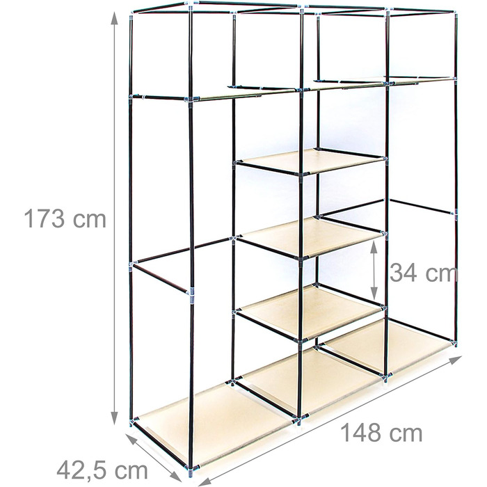 Relaxdays 1 x Faltschrank Valentin XXL, Stoffschrank, 2 Kleiderstangen, 9 Ablagen, Kleiderschrank, HBT 173 x 148 x 42,5 cm, beige 1 Beige 1 Stück