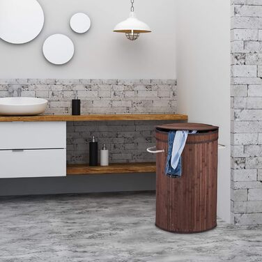 Relaxdays Wäschekorb Bambus, runder Wäschesammler mit Klappdeckel, 65 l, faltbare Wäschetonne, rund Ø 40 cm, schwarz