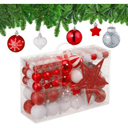 Relaxdays Weihnachtskugeln 101er Set, Kunststoff, Baumdeko mit Kugeln & Spitze, rosa/weiß (Rot)