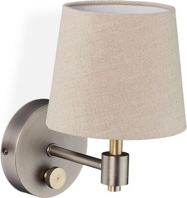 Relaxdays Wandlampe Vintage, dimmbar, mit Schalter, Stoffschirm, E14, 23x15x21 cm, beige/silber