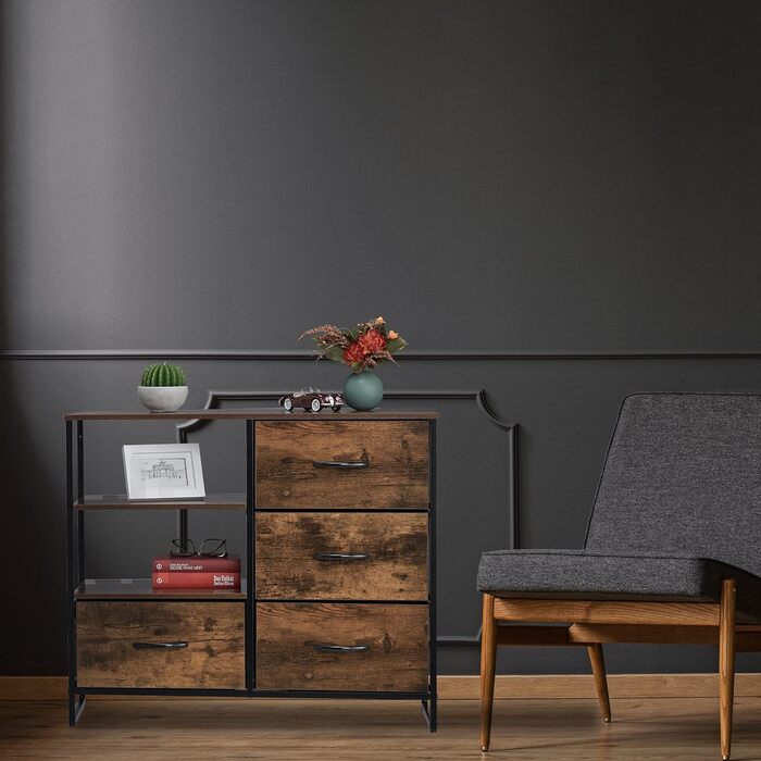 Relaxdays Kommode Industrial, 4 Schubladen, HBT: 71,5x84x32,5 cm, Stoff/Metall/Holzoptik, braun/schwarz