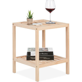 Relaxdays Beistelltisch, Holz, HxBxT: 50 x 40 x 40 cm, Wohnzimmertisch mit 2 Ablagen, quadratischer Ablagetisch, Natur