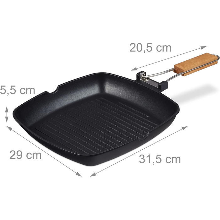 Relaxdays Grillpfanne, abnehmbarer Holzgriff, antihaftbeschichtet, BBQ Bratpfanne mit Rillen, Aluminium, schwarz, 5.5 x 51 x