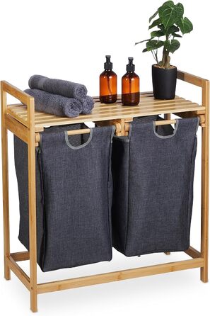 Relaxdays Wäschekorb Bambus, 2 Fächer, ausziehbar, 60L, Natur, 1 Stück (Grau)