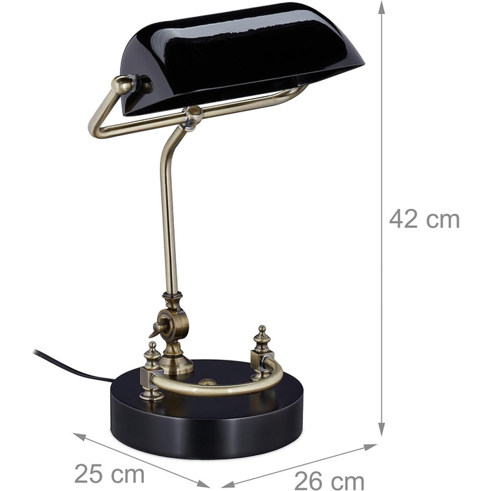 Relaxdays Bankerlampe, Glasschirm, Holzfuß, neigbare Bibliothekslampe, E27-Fassung, Schreibtischlampe Retro, schwarz