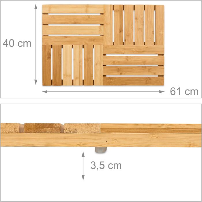 Relaxdays Bambus Badematte, 61x40 cm, rutschfest, für Badewanne, Dusche, Sauna, Indoor & Outdoor, Natur