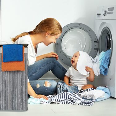 Relaxdays Wäschekorb Bambus, 2 Fächer, 95 l, faltbar, rechteckig, mit Deckel, Weiß