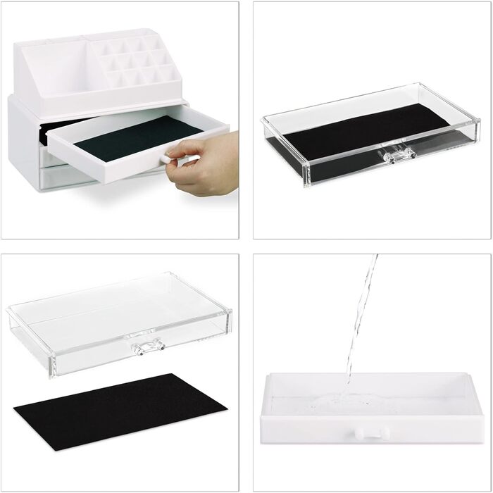 Relaxdays 2 x Make Up Organizer klein, 2-teilige Schminkaufbewahrung mit Schubladen, stapelbares Kosmetikregal, transparent