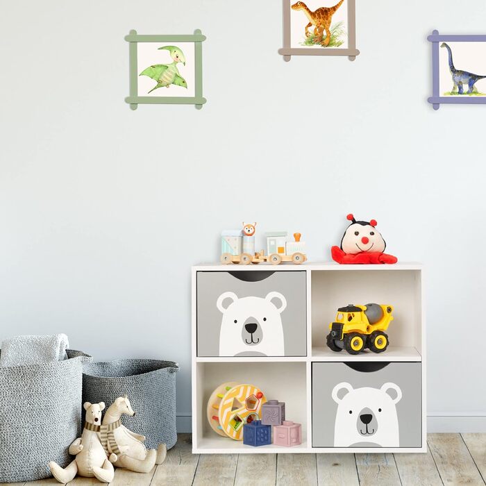 Relaxdays Kinderregal Bär, 2 Schubladen, 2 offene Fächer, H x B x T: 48 x 60 x 24,5 cm, Bücherregal Kinder, weiß/grau 48 x 60 x 24,5 cm Weiß/Grau