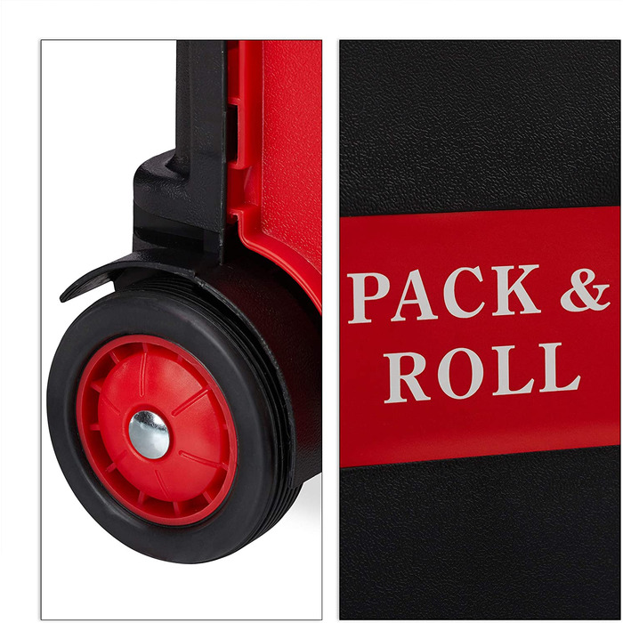 Relaxdays Einkaufstrolley klappbar, bis 35 kg, 50 l Kiste, mit Teleskopgriff, 2 Rollen, Transport Trolley, rot/schwarz