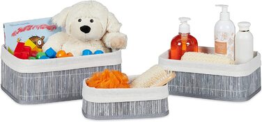 Relaxdays Aufbewahrungskorb 3er Set, Stoffbezug, Bambus, rechteckig, Bad, Accessoires, Spielzeug, Allzweckkorb, (Grau)