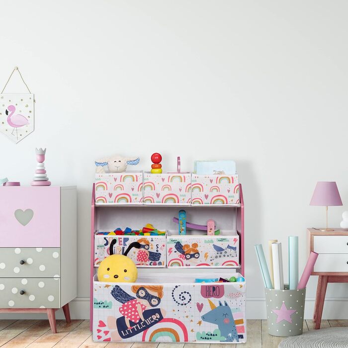 Relaxdays Kinderregal mit 6 Aufbewahrungsboxen, HxBxT: 66 x 63 x 30 cm, Mädchen, Spielzeugregal fürs Kinderzimmer, bunt