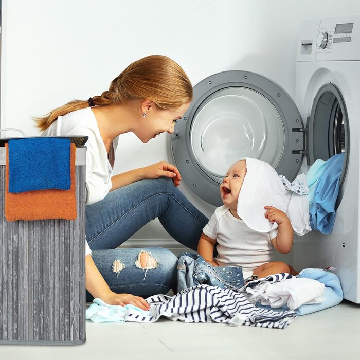 Relaxdays Wäschekorb Bambus, 2 Fächer, 95 l, faltbar, rechteckig, mit Deckel, Weiß