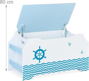 Relaxdays Spielzeugtruhe Seemann, Spielzeugkiste mit Deckel, HBT: 46 x 84 x 42,5 cm, Bücherfach, Spielzeugbox, weiß/blau