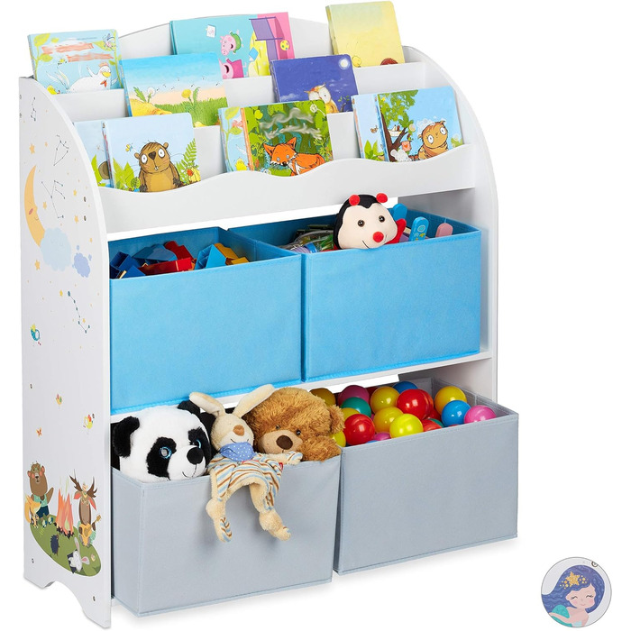 Relaxdays Kinderregal, 4 Boxen,  Motiv, Spielzeug Aufbewahrung, Kinderzimmer HxBxT 98 x 82,5 x 30 cm, bunt (Lagerfeuer)