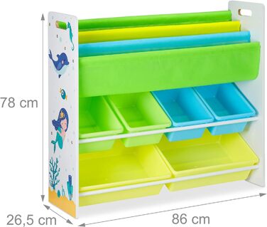 Relaxdays Kinderregal, 6 Boxen, 4 Stofffächer, Lagerfeuer Kindermotiv, Spielzeugregal HxBxT: 78 x 86 x 26,5 cm,  1 Stück (Meerjungfrau)