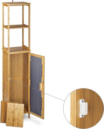 Relaxdays Badregal Bambus, 5 Ablagen, HxBxT: 170x33,5x28 cm, mit Schranktür, stehend, natur