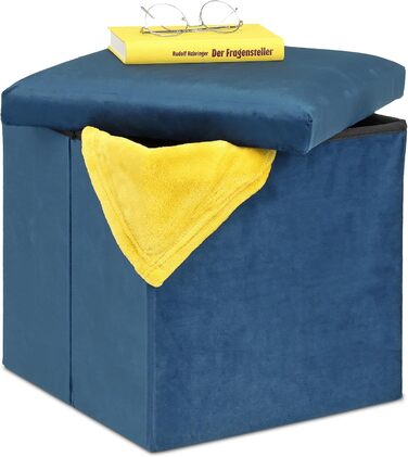 Relaxdays Sitzhocker, faltbar, 38x38x38 cm, Stauraum, MDF & Samt, blau