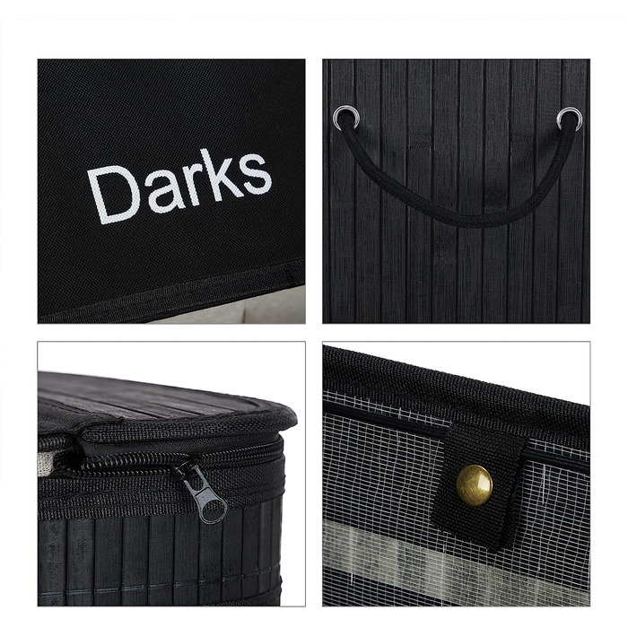 Relaxdays Wäschesortierer, Bambus, 3 Fächer, je 30 Liter, Wäschekorb mit Deckel, Griffe, HxBxT: 63 x 55 x 35 cm, (Schwarz)