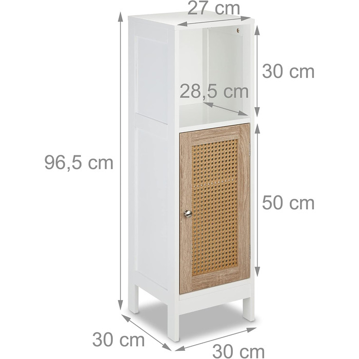 Relaxdays Badezimmerschrank, 3 Fächer, 96,5x30x30 cm, schmal, Rattan-Tür, weiß/Natur