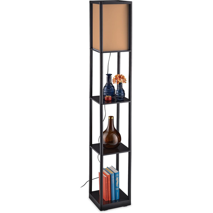 Relaxdays Stehlampe mit Regal, E27, 3 Ablagen, modernes Design, 159x26x26 cm, schwarz-braun