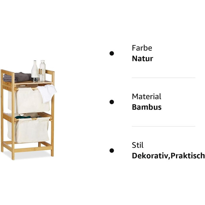 Relaxdays Wäschekorb Bambus, Wäschesortierer mit Ablage, 2 Schubladen, ausziehbar & tragbar, Wäschesammler 25 L, Natur, 1 Stück