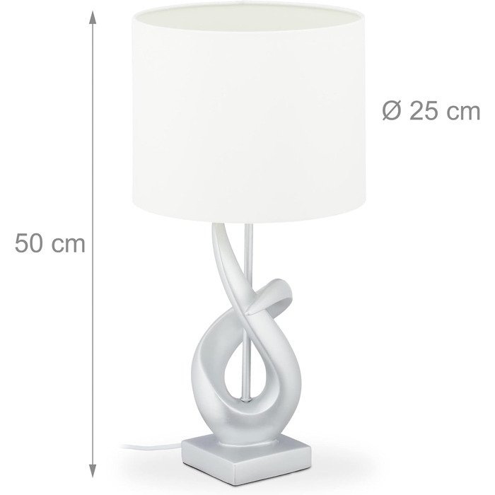 Relaxdays Tischlampe modern, elegantes Design, Tischleuchte Stoffschirm, E27, Designerlampe HxD: 50x25 cm, silber/weiß