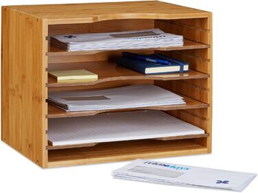 Relaxdays Briefablage aus Bambus HBT: ca. 26 x 33 x 24,5 cm Ablagesystem für den Schreibtisch Dokumentenablage mit 4 variablen Einlegeböden Papierablage aus Holz für Briefe und Unterlagen, natur