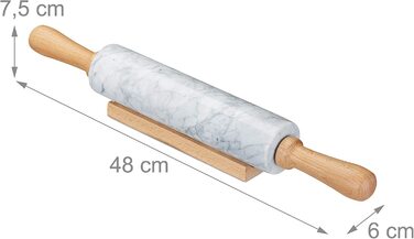 Relaxdays Nudelholz Marmor, Griffe aus Holz, Teigroller zum Kochen & Backen, mit Ablage, 48 cm, schwere Backrolle, weiß