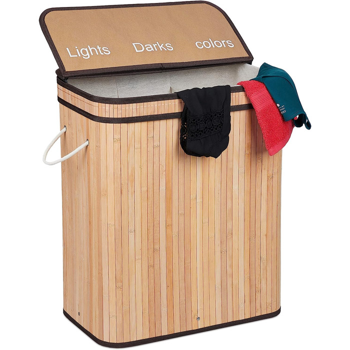 Relaxdays Wäschesortierer, Bambus, 3 Fächer, je 30 Liter, Wäschekorb mit Deckel, Griffe, HxBxT: 63 x 55 x 35 cm, weiß