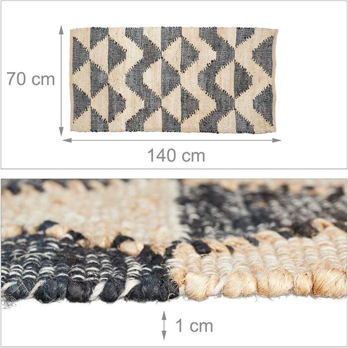 Relaxdays Läufer, Zick-Zack Muster, 70 x 140 cm, Baumwolle und Jute, rutschhemmend, handgewebt, Teppich, schwarz/beige