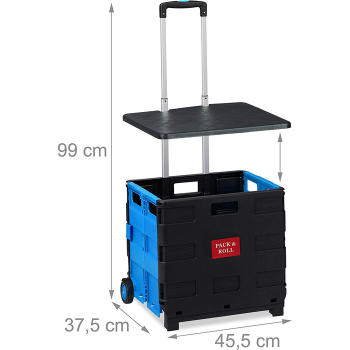 Relaxdays Einkaufstrolley klappbar, bis 35 kg, 50 l Kiste, mit Teleskopgriff, 2 Rollen, Transport Trolley, blau/schwarz
