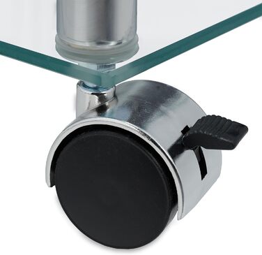 Relaxdays Beistelltisch mit Rollen, 2 Ablagen, eckig, Wohnzimmer, Glas & Stahl, mobiler Couchtisch, transparent/silber