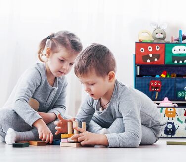 Relaxdays Kinderregal mit 9 Stoffboxen, Monster Design, HxBxT: 70 x 92,5 30 cm, Spielzeugregal fürs Kinderzimmer, bunt, Dunkelblau, Türkis, Orange