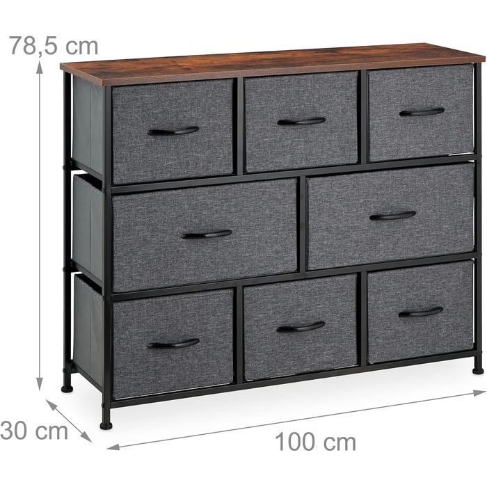 Relaxdays Kommode Industrial, 78,5x100x30 cm, 8 Schubladen, Stoff/Metall, Holzoptik, Sideboard, grau/braun