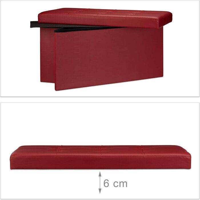 Relaxdays Faltbare Sitzbank, 2-Sitzer mit Stauraum, Kunstleder, 300 kg belastbar, Dunkelrot