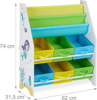 Relaxdays Kinderregal, Tiere Motiv, 6 Boxen, 2 Fächer, Kinderzimmer, Spielzeug Aufbewahrung HBT 74 x 62 x 31,5 cm, bunt, Holzwerkstoff,  1 Stück (Meerjungfrau)