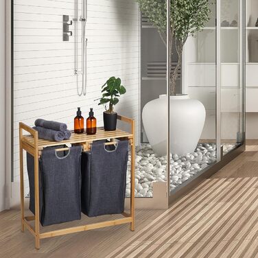 Relaxdays Wäschekorb Bambus, 2 Fächer, ausziehbar, 60L, Natur, 1 Stück (Grau)