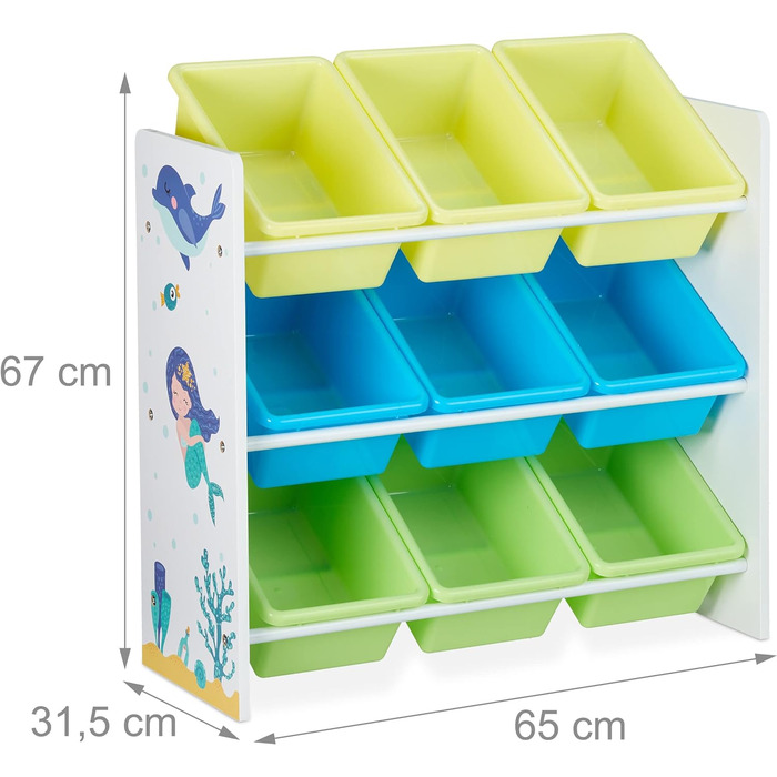 Relaxdays Kinderregal, 9 Aufbewahrungsboxen, Meerjungfrau Motiv, MDF, Kunststoff, Spielzeugregal HBT 67x65x31,5 cm, bunt