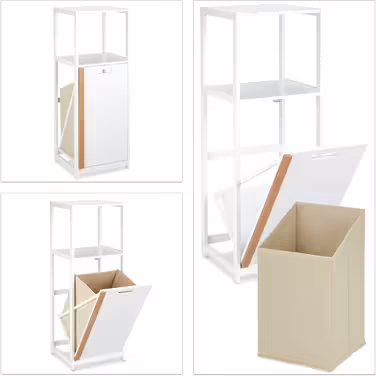 Relaxdays Badregal mit Wäschekorb, 2 Ablagen, kippbar, MDF & Bambus, 98x36x30 cm, weiß/natur