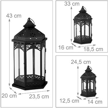 Relaxdays 3er Laternen Set, Deko Laternen für draußen & drinnen, 3 Größen, vintage, Retro Windlicht für Kerzen, schwarz