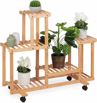Relaxdays Pflanzenregal, Blumenständer mit 6 Ablagen, Bambus, 79x95x36 cm, rollbar, für Innenbereich