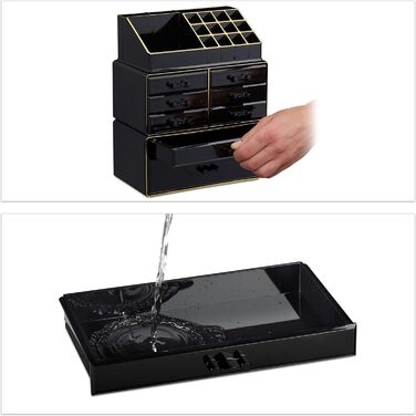 Relaxdays  x Make Up Organizer mit Schubladen, stapelbarer Schmuckkasten für Make Up, Acryl Schminkaufbewahrung,     Stück (1, Schwarz-gold, 1 Stück)