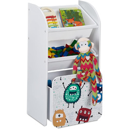 Relaxdays Kinderregal mit 3 Boxen, Monster-Motiv, Kiste mit Rollen, HBT: 80,5x42,5x30 cm, schmales Spielzeugregal, weiß, 10037514_0