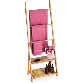 Relaxdays Handtuchleiter Bambus, 3 Stangen, 2 Ablagen, klappbar, 134x53x31,5 cm, Standhandtuchhalter Natur