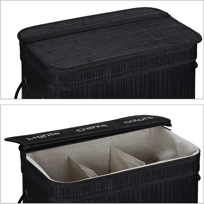 Relaxdays Wäschesortierer, Bambus, 3 Fächer, je 30 Liter, Wäschekorb mit Deckel, Griffe, HxBxT: 63 x 55 x 35 cm, (Schwarz)