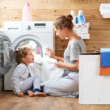 Relaxdays Wäschekorb Bambus, rechteckig, 2 Fächer, 95 l, faltbar, mit Deckel, (Grau)